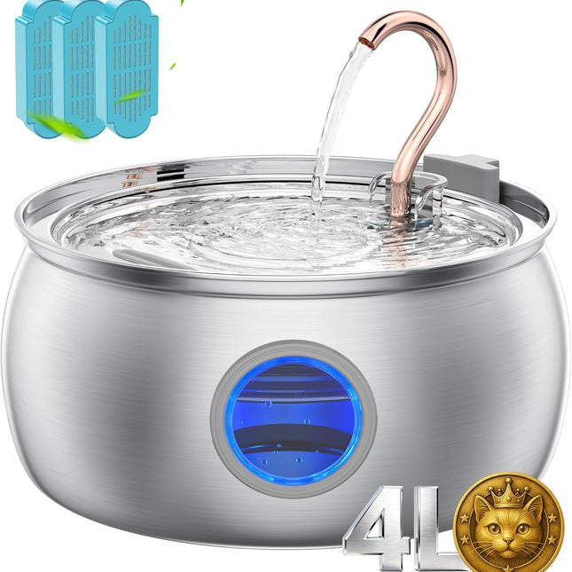 Cat Water Fountain - 4.0L/135oz Gooseneck Copper Stainless Steel Cat Water Fountains for Cats Indoor - Kitty Cat Fountains for Drinking Spout - Comes with 3 Replacement Filters