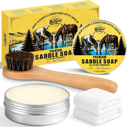 Saddle Soap for Leather 3.52oz,3-in-1 Leather Cleaner & Conditioner to Soften,Protect Leathercraft with Horsehair Brush & Cloth,Leather Soap for Car Interior,Couch,Shoe,Purse,Boot,Bag & Saddle