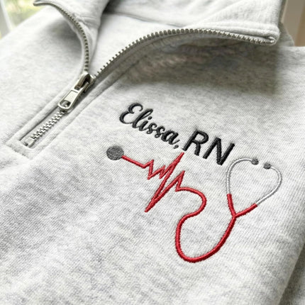 Custom Name Nurse Embroidered Quarter-Zip Sweatshirt with Title – RN Gift for Nursing Assistant or Nurse Graduation