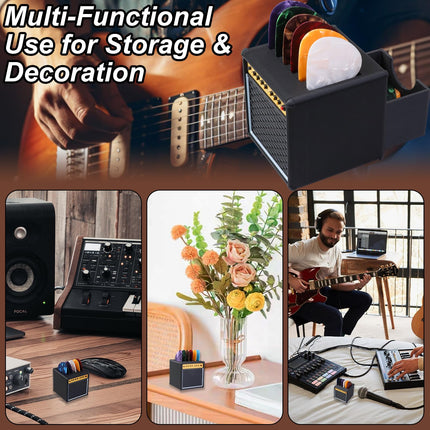 22Pcs Guitar Picks Holder Box, Vintage Amp Guitar Pick Holder with 21 Celluloid Guitar Picks, 3D Printed Retro Pick Storage Box & Display Stand for Guitarists and Music Enthusiasts