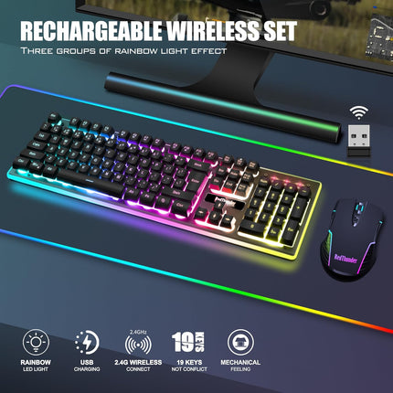 Wireless Gaming Keyboard and Mouse Combo, LED Backlit Rechargeable 3800mAh Battery, Mechanical Feel Anti-ghosting Keyboard + 7D 3200DPI Mice for PC Gamer (Black)