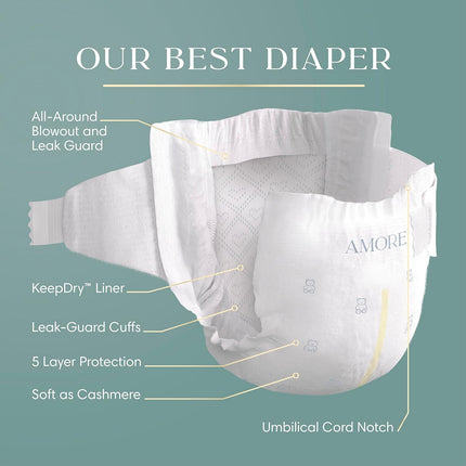 Pampers Amore, Size 1 (8-14 lbs), 82 Count, Our Best Diaper – Hypoallergenic & Fragrance Free, Up to 100% Leakproof, Soft as Cashmere