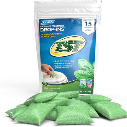 Camco TST RV Toilet Treatment Drop-INs - Control Unwanted Odors and Break Down Waste and Tissue - Septic Tank Safe - Fresh Scent - 15-pack (40264)