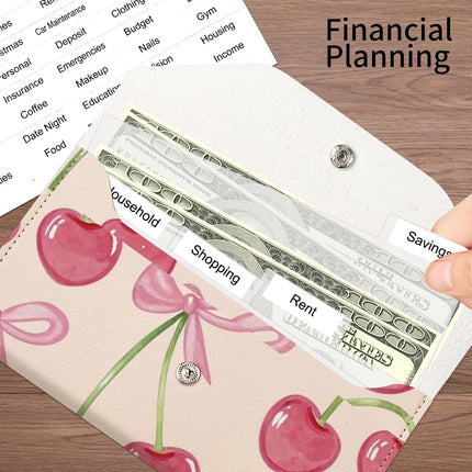 PU Leather Cash Envelopes Wallet, Reusable Money Savin Wallet, Cute Budget Envelope with 4 Dividers & 1 Sheets Budget Labels Cherry Ribbon Pattern