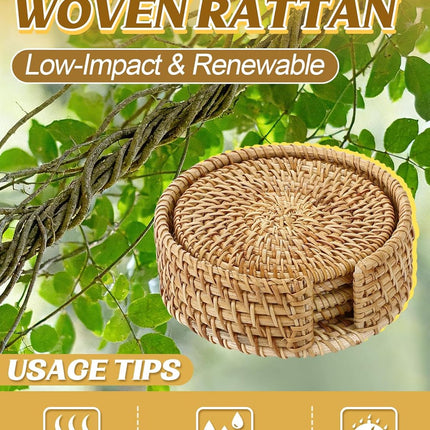 4pcs Natural Handmade Rattan Coasters with Holder - Wicker Drink Coasters Set for Protecting Table, Housewarming Gifts Boho Fall Home Decor