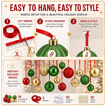 36 Pcs Christmas Balls Ornaments for Ceiling, Red, Green, Gold