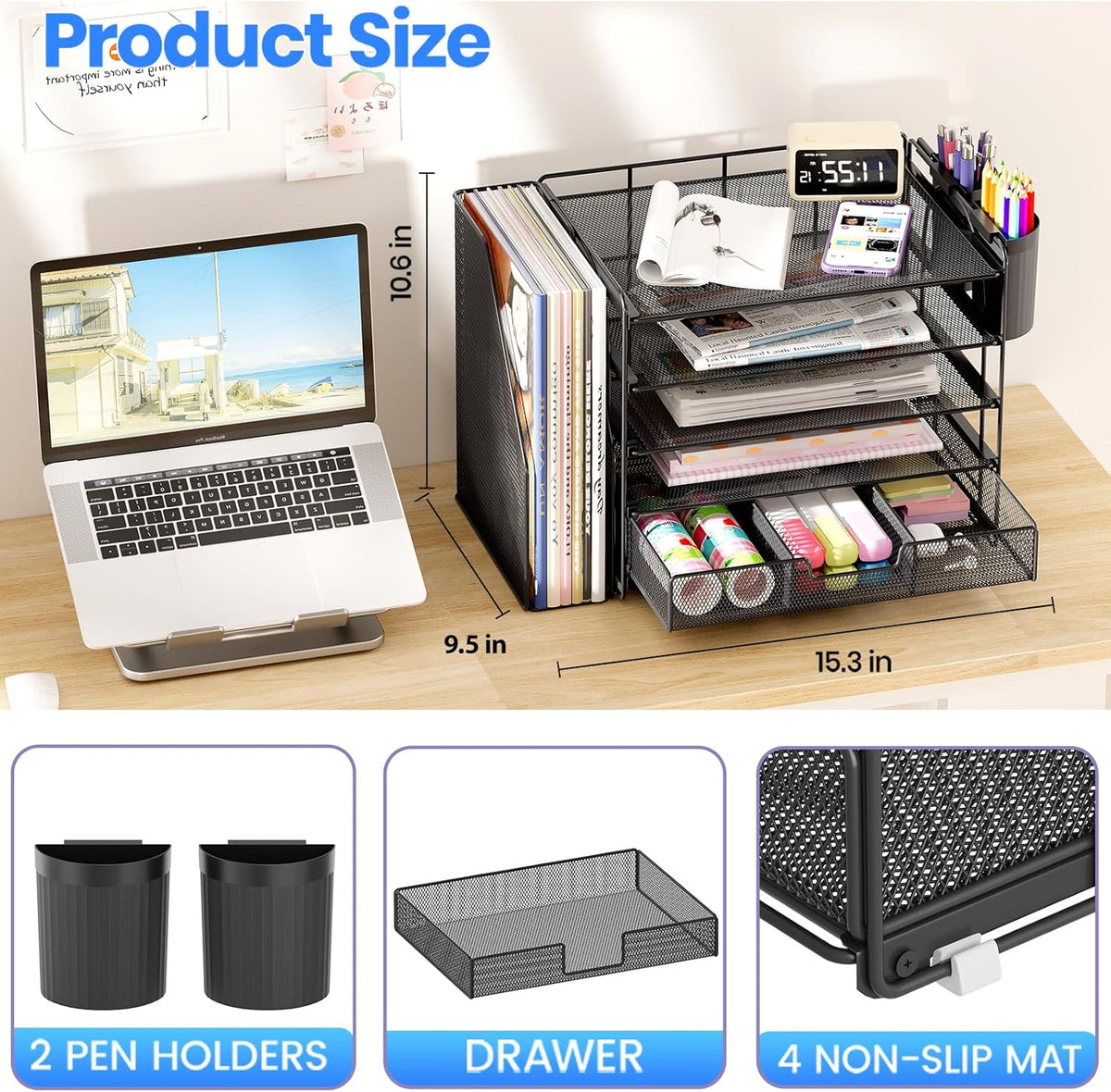 Black 5-Tier Desk Organizer with Drawer and Pen Holder - photo 2