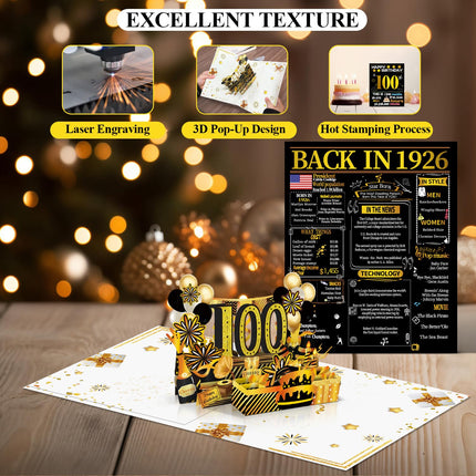 Joycard 100th Birthday Card for Women Men, 3D Pop Up Happy Birthday Gift for Grandpa Grandma, Funny 100 Year Old Birthday Decorations for Mother Dad, Back in 1926 Laser Gold Retro Theme