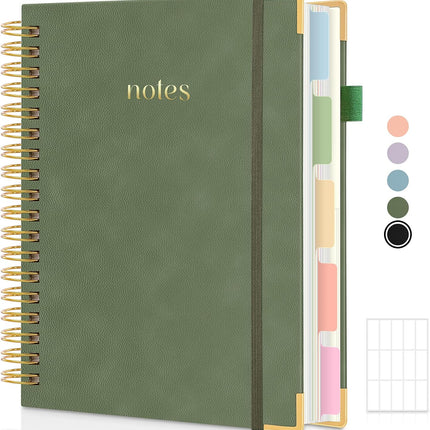 SKYDUE Hardcover Spiral Notebook, 300 Pages 8" x 10" College Ruled Notebook for Work with Dividers & Pockets, 5 Subject Notebook Journals for Women, Double Wire Bound, Tab Stickers Included, Green