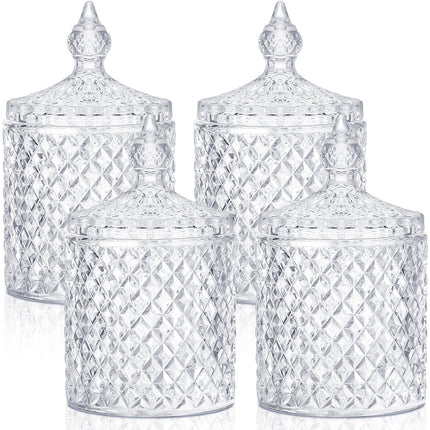 4 Pcs Crystal Glass Candy Jar Set with Lids Home Decorative Storage Jars for Apothecary, Bathroom, Kitchen, and Pantry, Ideal for Cotton Swabs and Jewelry (Medium,Green)