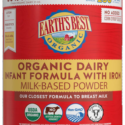 Earth's Best Organic Baby Formula for Babies 0-12 Months, Powdered Dairy Infant Formula with Iron, Omega-3 DHA, and Omega-6 ARA, 32 oz Formula Container