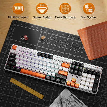 PRO Wireless Gasket RGB Gaming Keyboard, 108 Keys Mechanical Keyboard w/Extra 4 Hotkeys, Upgraded Hot-swappable Socket, 3-Layer Noise Dampening, Round PBT Keycaps, Custom Linear Switch
