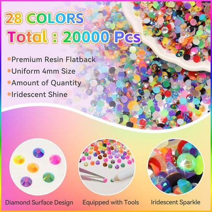 20000Pcs Color 4mm Rhinestones Bedazzling Kit with Tools, Resin Rhinestones for Bedazzling, Flatback Resin Gems for Crafts, Bedazzler Kit for Diamond Art Clothing Shoes Makeup Tumblers