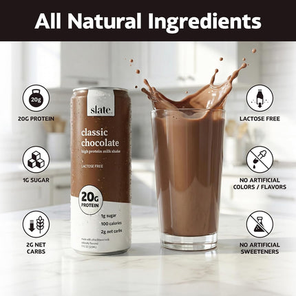Slate Milk - High Protein Milk Shakes & Iced Coffees - Classic Chocolate, Mocha Latte, Vanilla Latte, French Vanilla -Lactose Free,20g Protein,1g Sugar, 100 Calories,1-2g Net Carbs -11 fl oz, 12 Cans