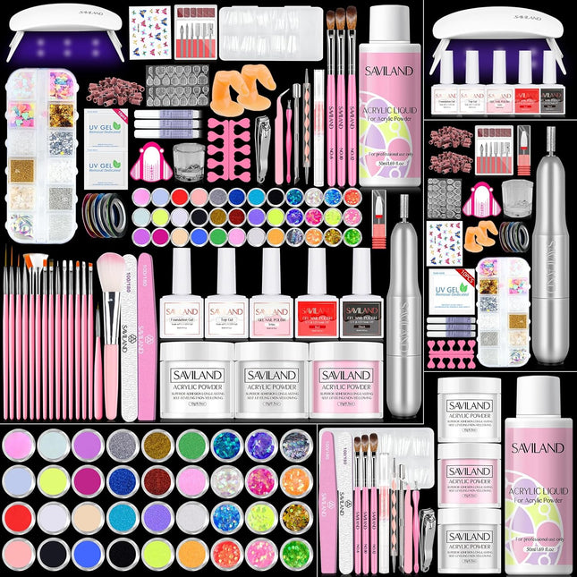 Acrylic Nail Kit with Drill: Professional Acrylic Nail Set for Beginners with Everything U V Light 3 Colors Gel Polish Decorations Nails Tools for Home Salon Use Christmas Gift Set