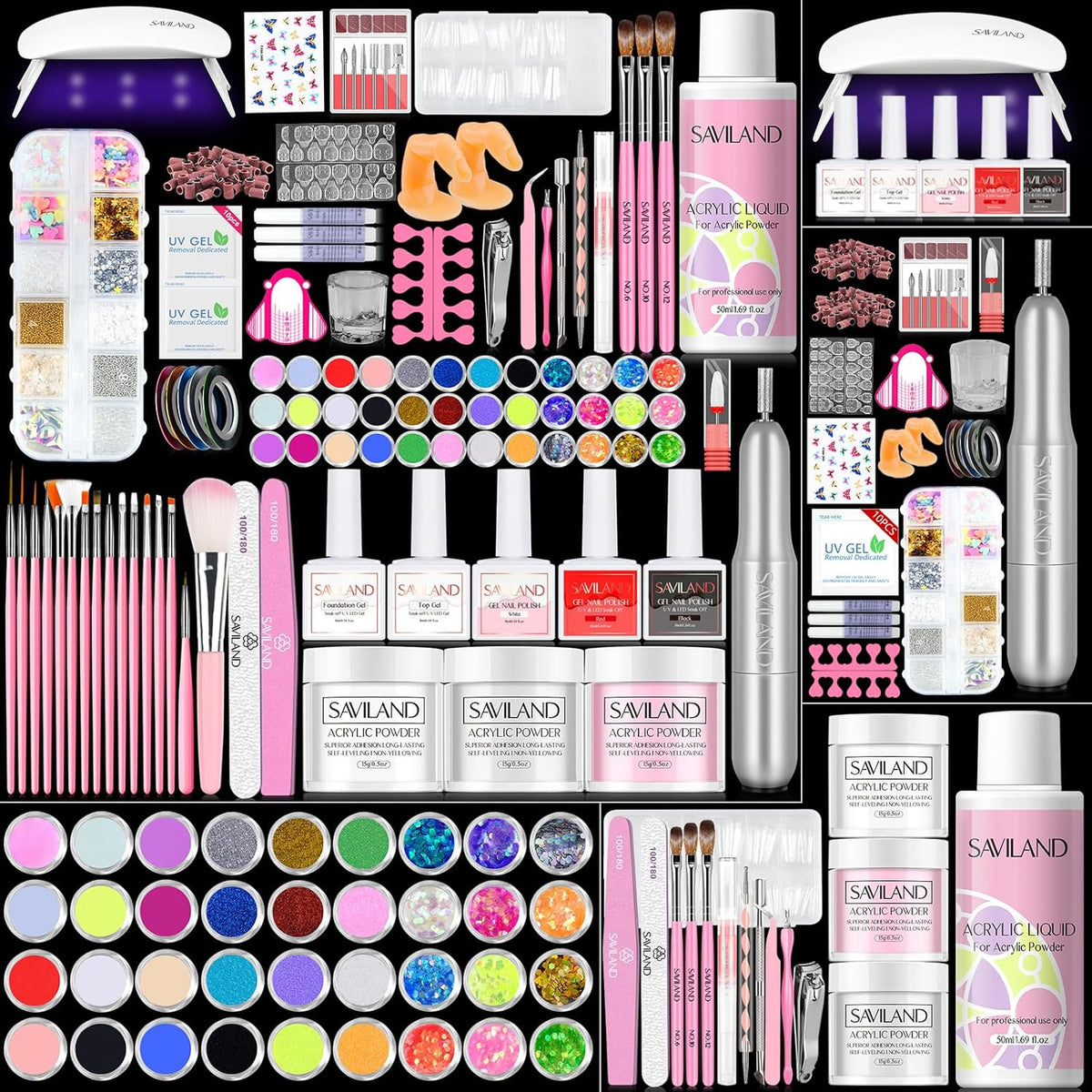 Acrylic Nail Kit with Drill: Professional Acrylic Nail Set for Beginners with Everything U V Light 3 Colors Gel Polish