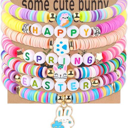 7Pcs Easter Bunny Basket Gifts Bracelet, Easter Gifts for Girls Women Stackable Boho Clay Party Elastic Stretch Bracelets