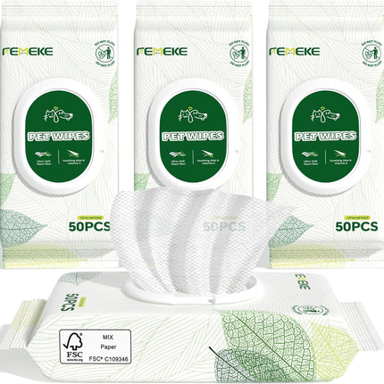 Unscented Dog Wipes & Cat Wipes (4x50 Packs) | Hypoallergenic, pH Balanced for Paws, Body, Eyes & Ears Grooming |All-Natural Plant Fiber Wipes with Aloe & Vitamin E | Pearl Texture