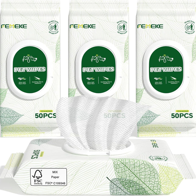 Unscented Pet Grooming Wipes, 200 Count, 4 x 50 Packs, 7 x 8 in, Aloe and Vitamin E