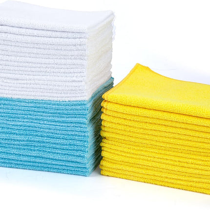 Amazon Basics Microfiber Cleaning Cloths, Highly Absorbent, Scratch-Free, Ultra-Soft, Non-Abrasive, Reusable and Washable, 16" x 12", Blue/White/Yellow, 48-Pack