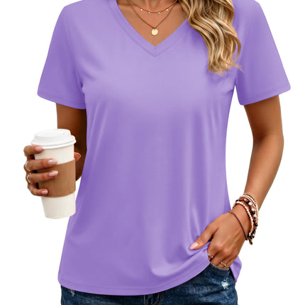 Women's Cotton T Shirt V-Neck Short Sleeve Shirt Classic-Fit Casual Breathable Tee Summer Basic Tops