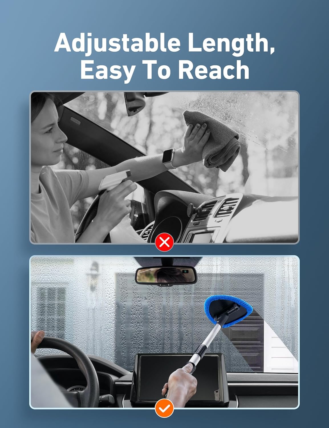 21-Inch Windshield Cleaner Tool with Extendable Handle and 4 Reusable Microfiber Pads, Blue - photo 3