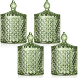 4 Pcs Crystal Glass Candy Jar Set with Lids Home Decorative Storage Jars for Apothecary, Bathroom, Kitchen, and Pantry, Ideal for Cotton Swabs and Jewelry (Medium,Green)