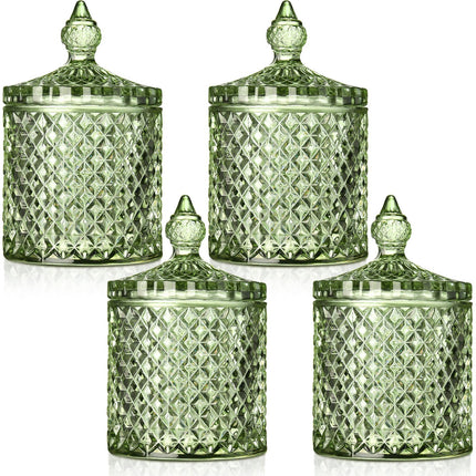 4 Pcs Crystal Glass Candy Jar Set with Lids Home Decorative Storage Jars for Apothecary, Bathroom, Kitchen, and Pantry, Ideal for Cotton Swabs and Jewelry (Medium,Green)