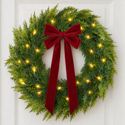 Christmas Decor, 24" Norfolk Pine Christmas Wreath with Velvet Bow & Bells