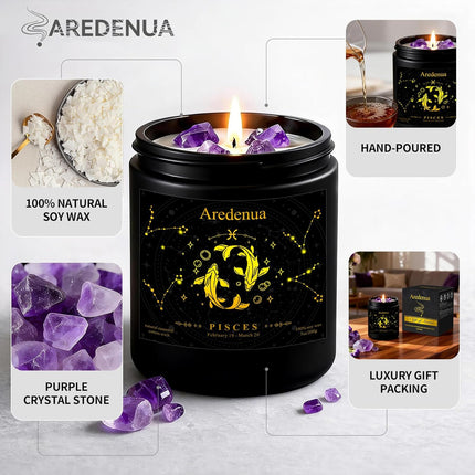 Pisces Zodiac Crystal Candles Gift for Women Men - Amethyst Healing Scented Soy Candle with Lavender Aromatherapy for Relaxation, 7oz 50 Hour Burn, Unique Zodiac Sign Candle for Brithday