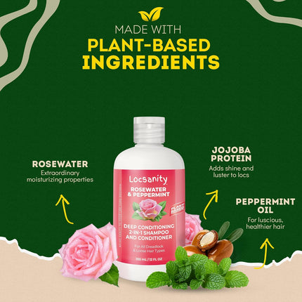 Shampoo and Conditioner for Dreadlocks - Locsanity Rosewater Peppermint 2-in-1 Sulfate-Free Formula - Moisturizing & Strengthening for Locs, Microlocs & Natural Hair (12 fl oz)