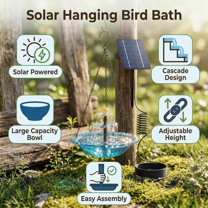 2026 Solar Cascade Hanging Bird Bath Fountain, Hanging Solar Birdbath with Plastic Bowl, 2-in-1 Birdbath & Water Station, 8 Spray Modes Hummingbird Bath for Outdoor Garden Patio