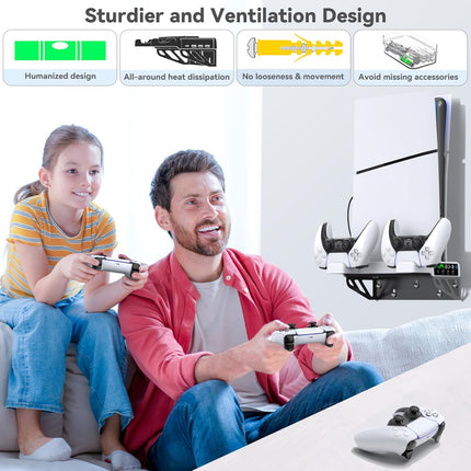 PS5/Slim/Pro Wall Mount Kit with Cooling Fan & Charging Station, PS5 Shelf Floating Mount for All PlayStation 5/Slim/Pro Disc & Digital Console, PS 5 Wall Bracket Behind TV, PS Five Pro Accessories