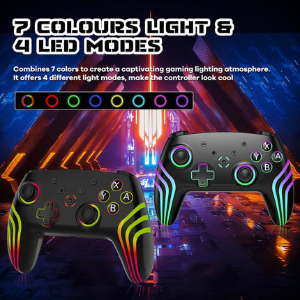 MYSTILUCK Wireless Pro Controller for Switch/Switch 2/Lite/OLED/PC, Gamepad with 7 Color-Changing RGB Lighting/Dual Vibration/6-Axis Gyroscope/Turbo, Ergonomically Designed Precise Joystick