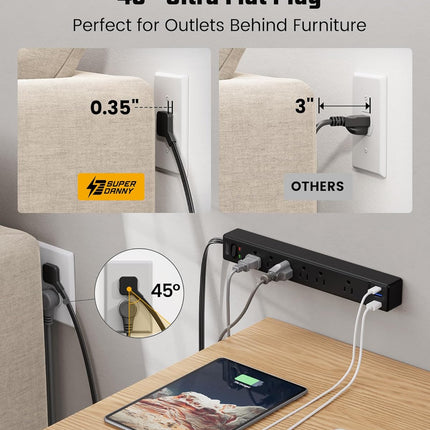 SUPERDANNY Flat Plug Surge Protector Power Strip, 6ft Ultra Thin Extension Cord with 3 USB (1 USB C Port), 6 Outlets Charging Station, Wall Mountable Outlet Extender for Home Office, College Dorm Room