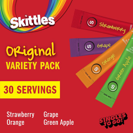 SINGLES TO GO! Skittles Variety Pack, Watertok Powdered Drink Mix, Zero Sugar, Low Calorie, Includes 4 Flavors: Green Apple, Strawberry, Grape, Orange, 1 Box (30 Single Servings), Pack of 6