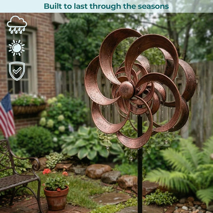 63" Metal Wind Spinner Outdoor, Double-Sided Kinetic Yard Spinner, Smooth Spinning Garden Decor, Stable 5-Prong Stake, Copper Yard Art for Lawn & Patio