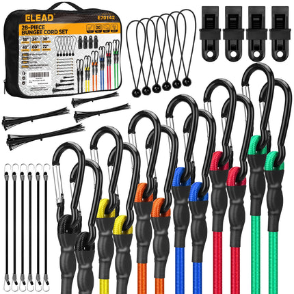 Bungee Cords Heavy Duty Outdoor: 20 Pcs Rubber Bungee Cords with Hooks in a Storage Jar Includes 10", 18", 24", 30", 36", 48" Bungee Cord for Camping, Tent, Fastening Items