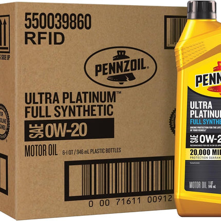 Pennzoil Ultra Platinum Full Synthetic 0W-20 Motor Oil, 1 Quart (6 Pack)