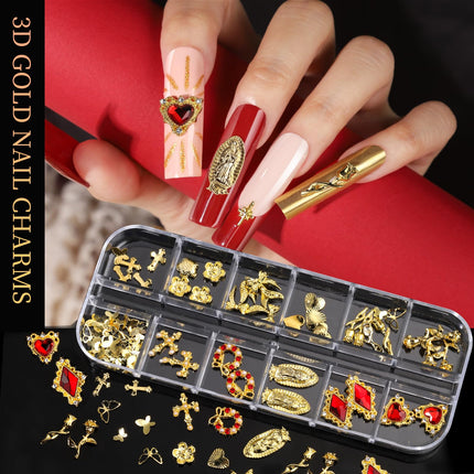 Gold Nail Charms and Gems Set, 4 Boxes Nail Gems Nail Pearls Nail Art Tools, 3D Cross Nail Charms Heart Nail Rhinestones for Nails Supplies, Charms for Nails Design Nail Art Kit