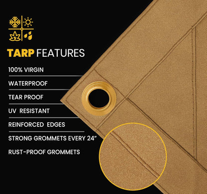 Tan Polyester Canvas Tarp, 6 x 8 Feet, 14 oz, Brass Grommets - photo 2