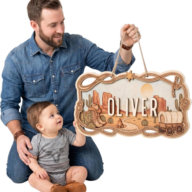 Western Nursery Name Sign - Personalized Wooden Baby Name Sign with Cowboy