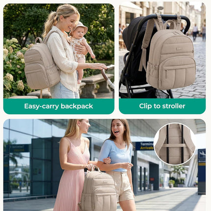 BAGSMART Diaper Bag Backpack, Multi-Pocket Puffy Diaper Bag with Waterproof Changing Pad, Lightweight Stroller-Friendly Diaper Bag with Insulated Pockets, Easy-Access Baby Essential, Camel