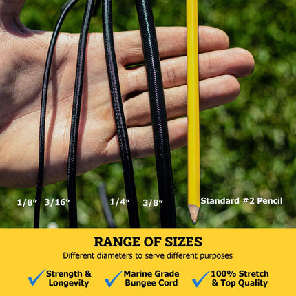 SGT KNOTS Marine Grade Bungee Cord - 100% Elastic Cord, Dacron Polyester Bungee Shock Cord for DIY, Tie Downs, Commercial Uses | 1/4" x 25 ft, Black