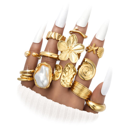 12 PCS Chunky Gold Plated Rings for Women Statement Flower Ring Set