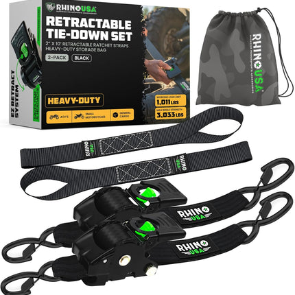 Rhino USA Retractable Ratchet Straps (2-Pack) - 2 Inch x 10 Feet (3,033lb Break Strength) - Heavy Duty Auto Self Retracting Tie Down Straps for Truck, Cargo Trailer, Motorcycle, Rad & More - Black