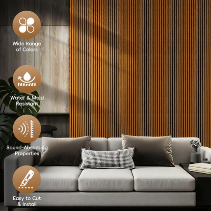 RITOLLO Wood Panels for Wall, Acoustic Wall Panels 92.5 x 11 in, 4 Pack, 3D Wood Slat Sound Absorbing Panels for Interior Wall Decor, Home Office Studio (Teak)