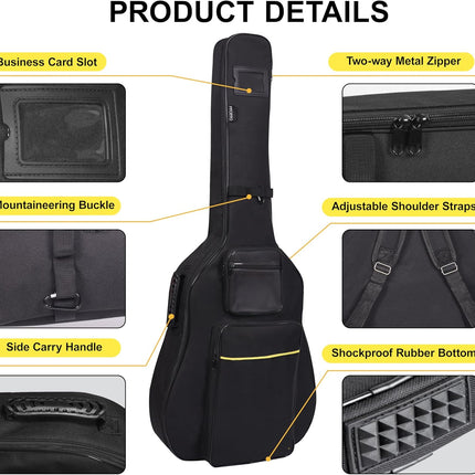 40 41 42 Inch Acoustic Guitar Bag, Oxford Fabric with 0.35" Thick Padding, Water Resistant Gig Bag, 3 Storage Pockets, Side Handle & Back Hanger Loop, Adjustable Dual Shoulder Straps, Black
