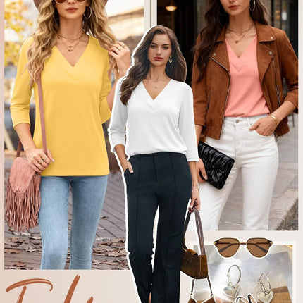Womens 3/4 Sleeve V Neck Tops Loose Fit T Shirts Casual Blouses