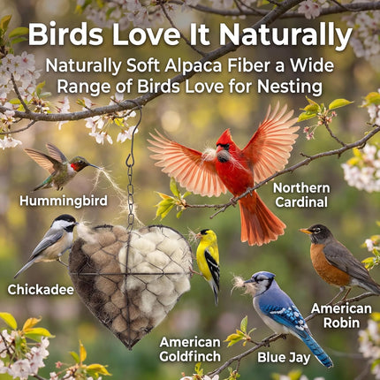 Tiezzi Handmade Alpaca Fiber Bird Nesting Heart, Refillable Bird Nesting Material Holder for Wild Birds & Hummingbirds, Outdoor Garden Decor Gift for Bird Lovers